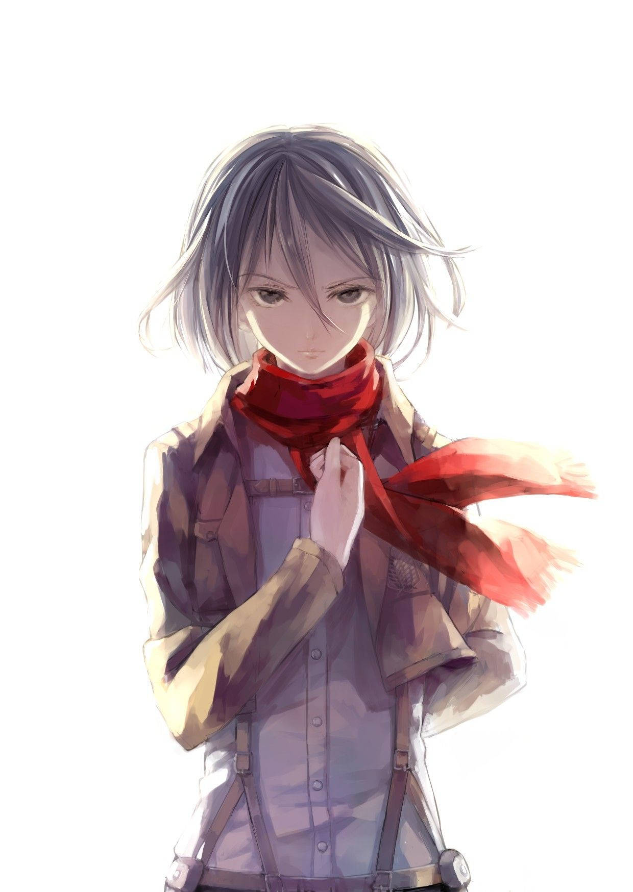 Tomboy Anime Girl 桌布 壁紙 — 一位灰色頭髮的年輕動漫女孩在純白色背景下調整一條鮮紅色的圍巾。