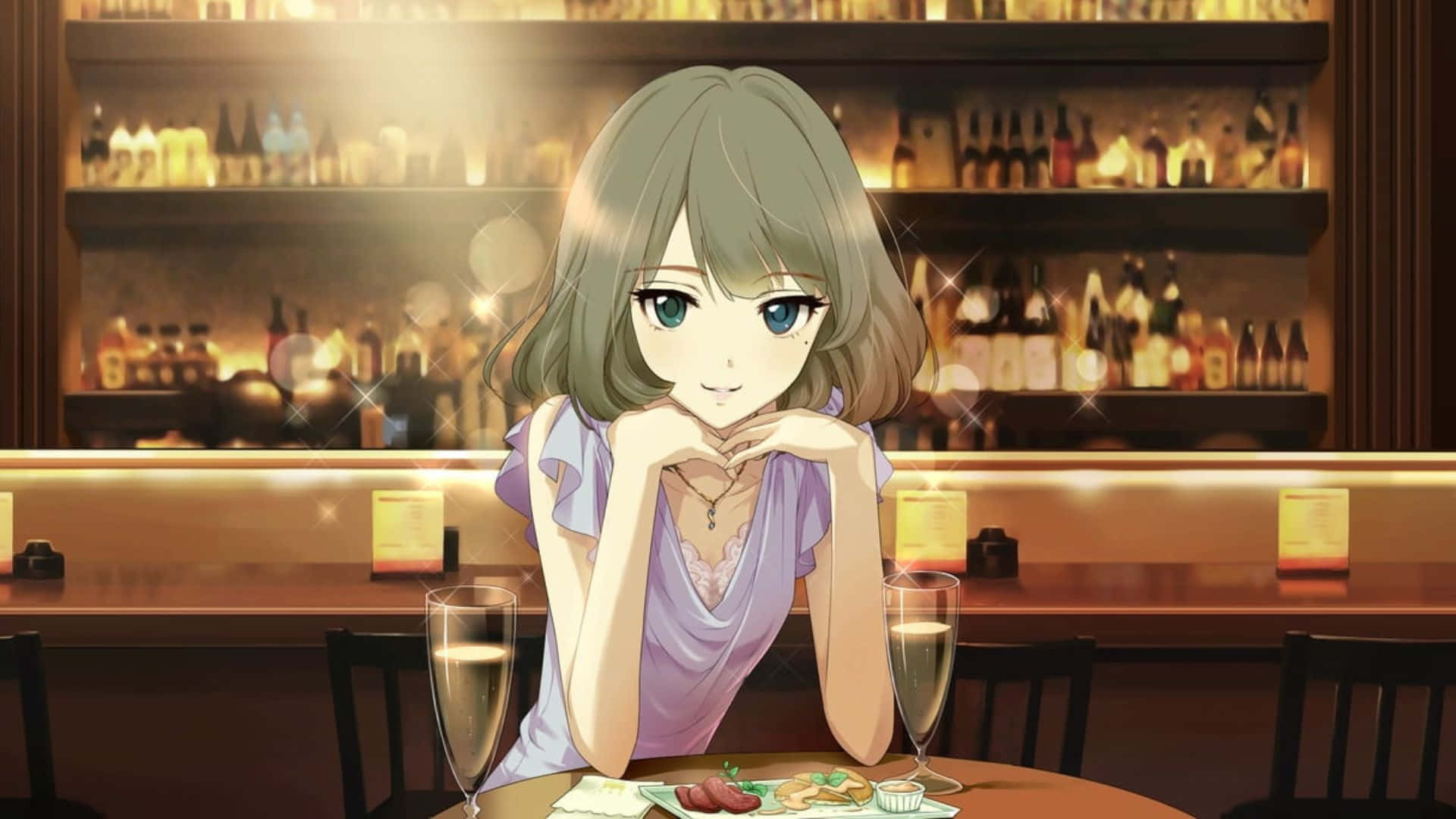 Cute Anime Girl 桌布 壁紙 — 一位灰色頭髮的年輕動漫女孩坐在燈光昏暗的酒吧裡，雙手托腮，旁邊有兩杯香檳和一盤食物。