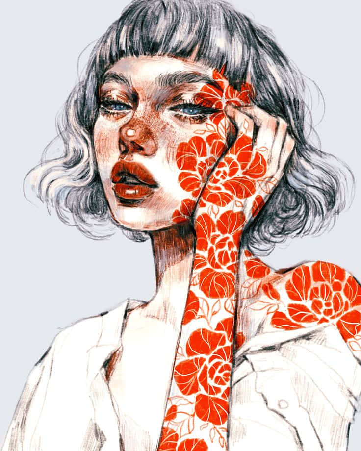 美學藝術 桌布 壁紙 — 一位灰色鮑伯頭髮的女性，臉上和手上帶有紅色花卉圖案，穿著白色襯衫，背景為淺灰色。
