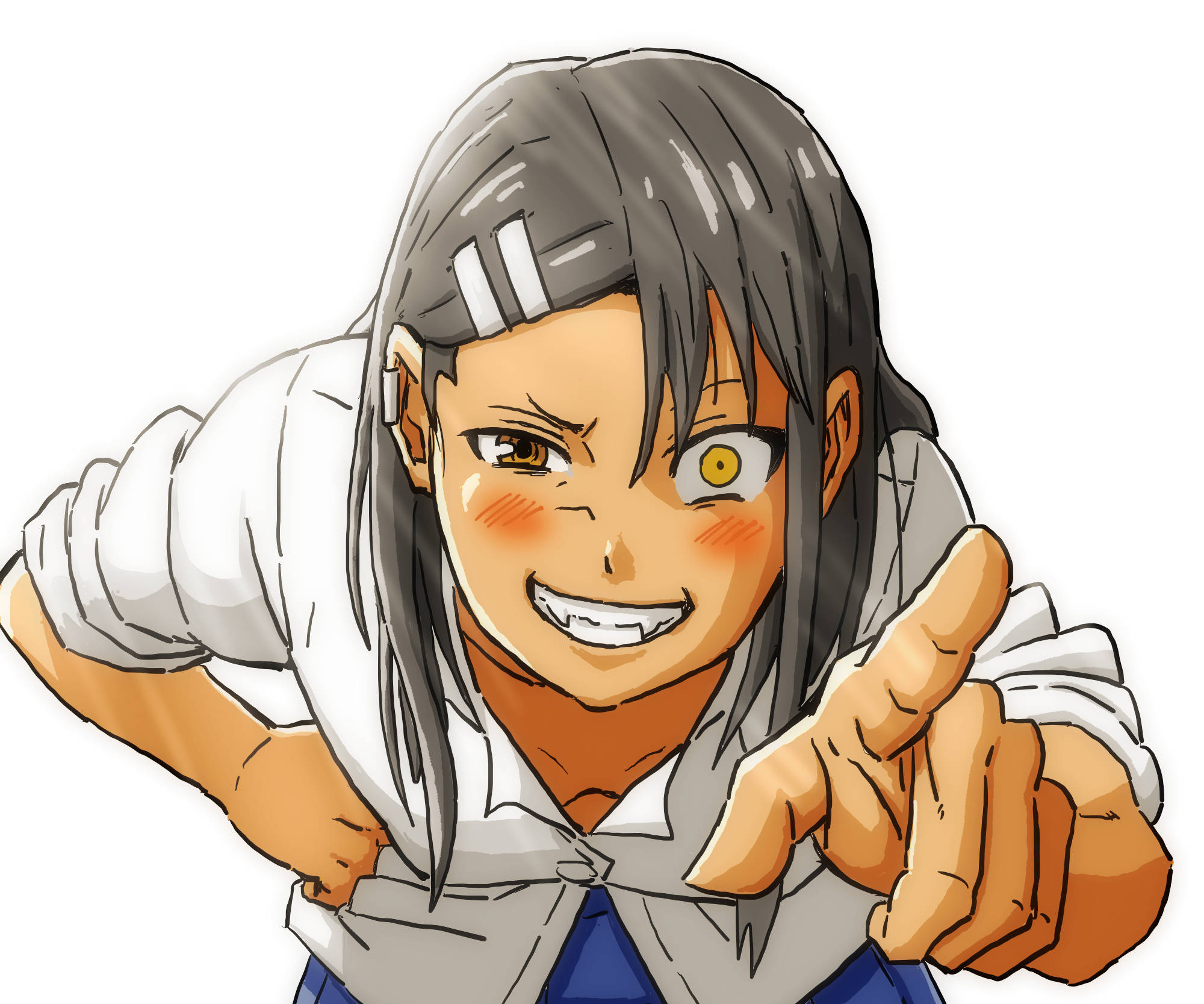 Nagatoro 桌布 壁紙 — 一位灰髮、一隻黃眼睛的動漫女孩，穿著校服，帶著兇猛的笑容向前指。