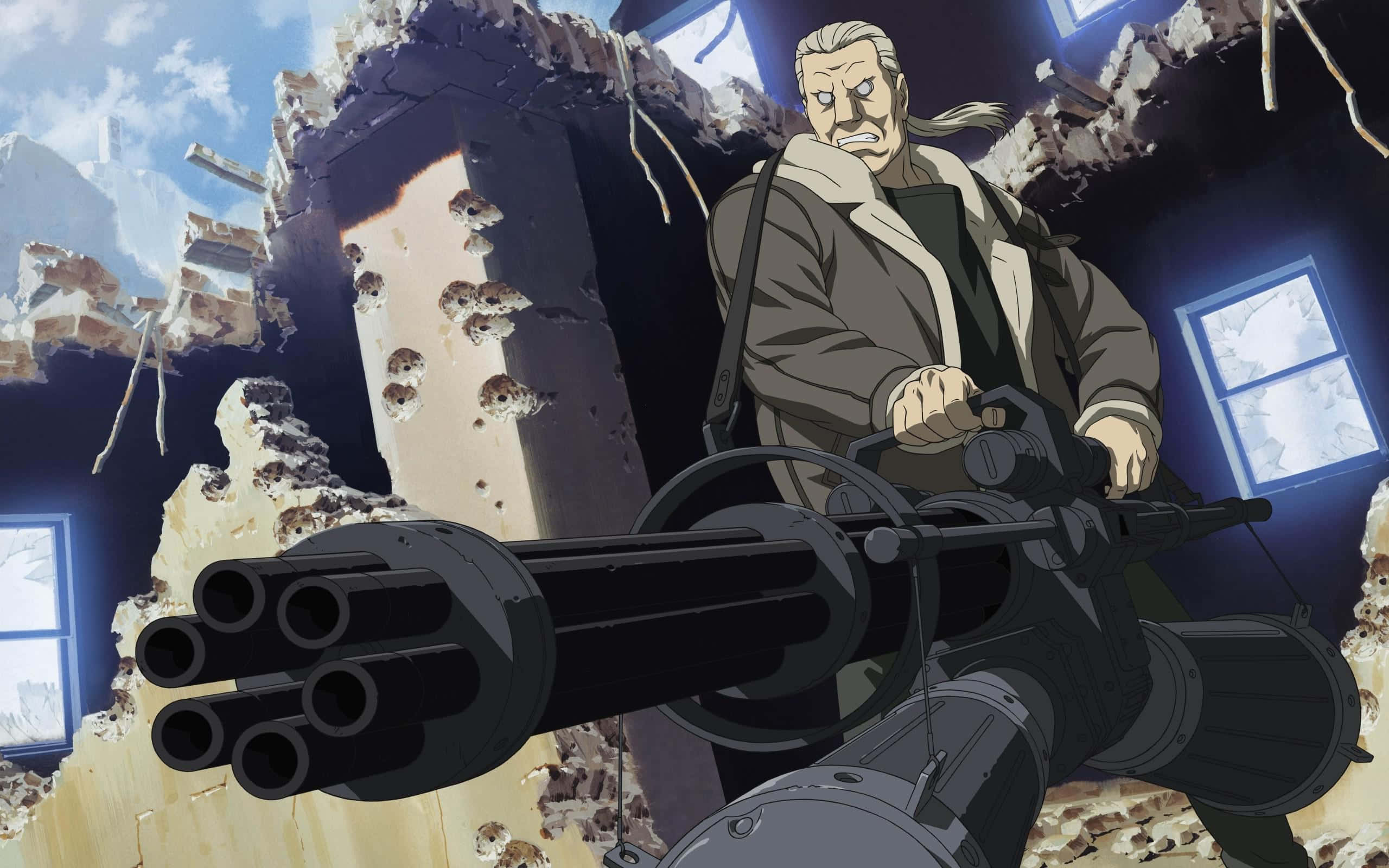 Ghost In The Shell Batou 桌布 壁紙 — 一位灰髮動漫士兵在明亮的藍天下從破碎的建築物中瞄準重型機槍。