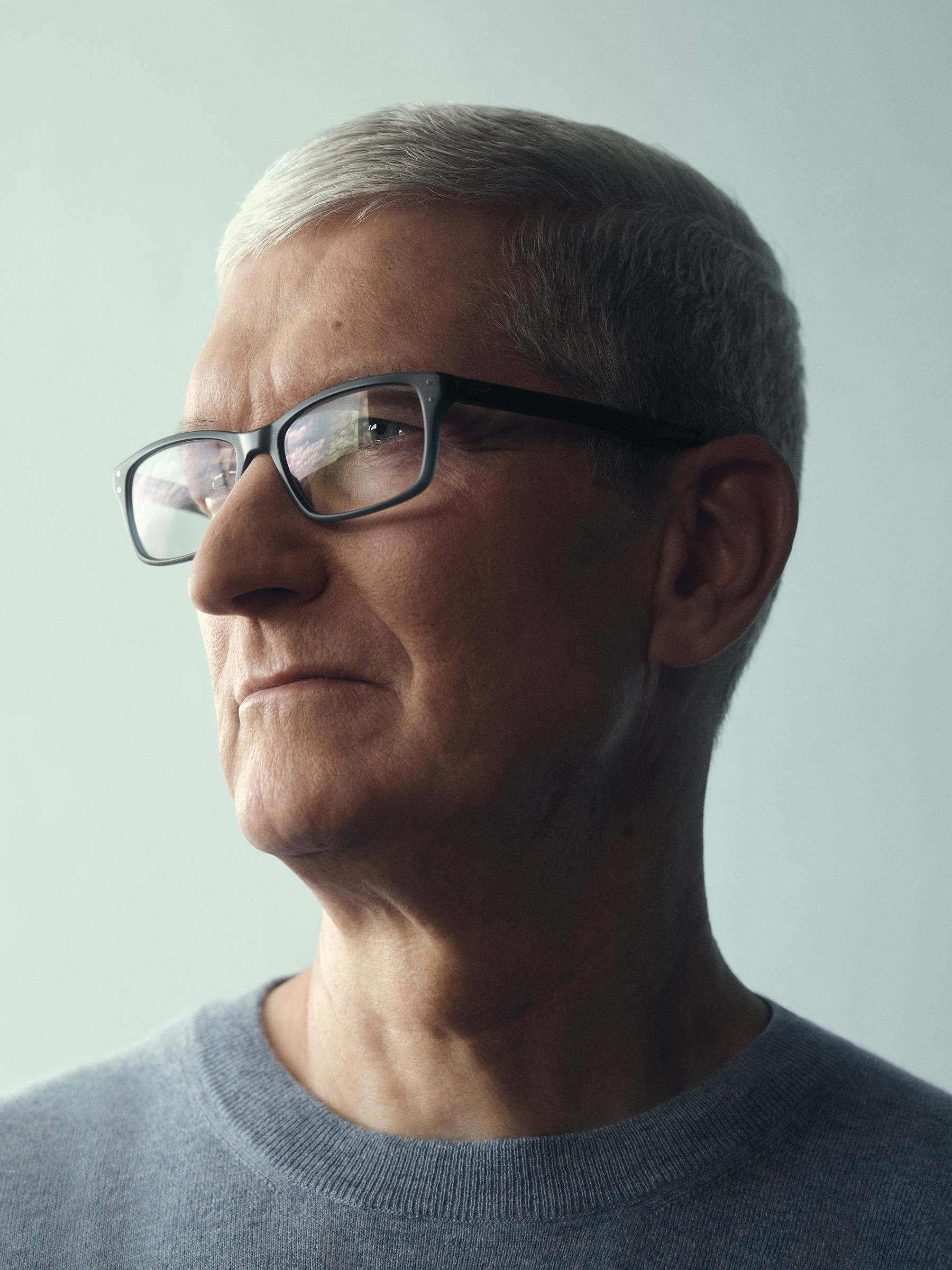 Leadership 桌布 壁紙 — 一位灰髮戴眼鏡男士的特寫肖像，在柔和的灰色背景下若有所思地望向一旁。