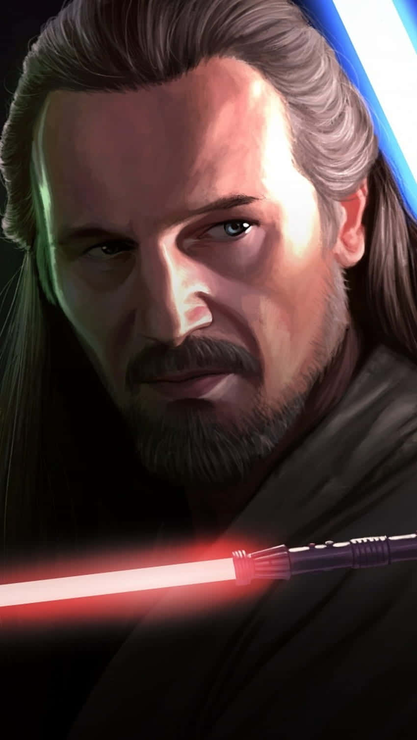 Qui-gon Jinn 桌布 壁紙 — 一位灰髮灰鬚的絕地大師在黑暗背景前手持紅色光劍的特寫肖像。