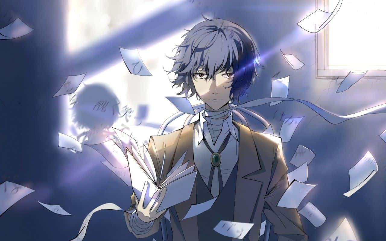 bungou stray dogs 桌布 壁紙 — 一位灰髮的年輕動漫男子在陽光充足的房間裡閱讀一本書，紙張在他周圍旋轉。