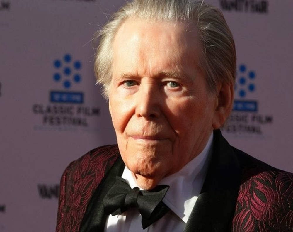 actor 桌布 壁紙 — 一位灰髮綠眼的年長男士在電影節活動中穿著黑色燕尾服，搭配紅色圖案外套和領結。