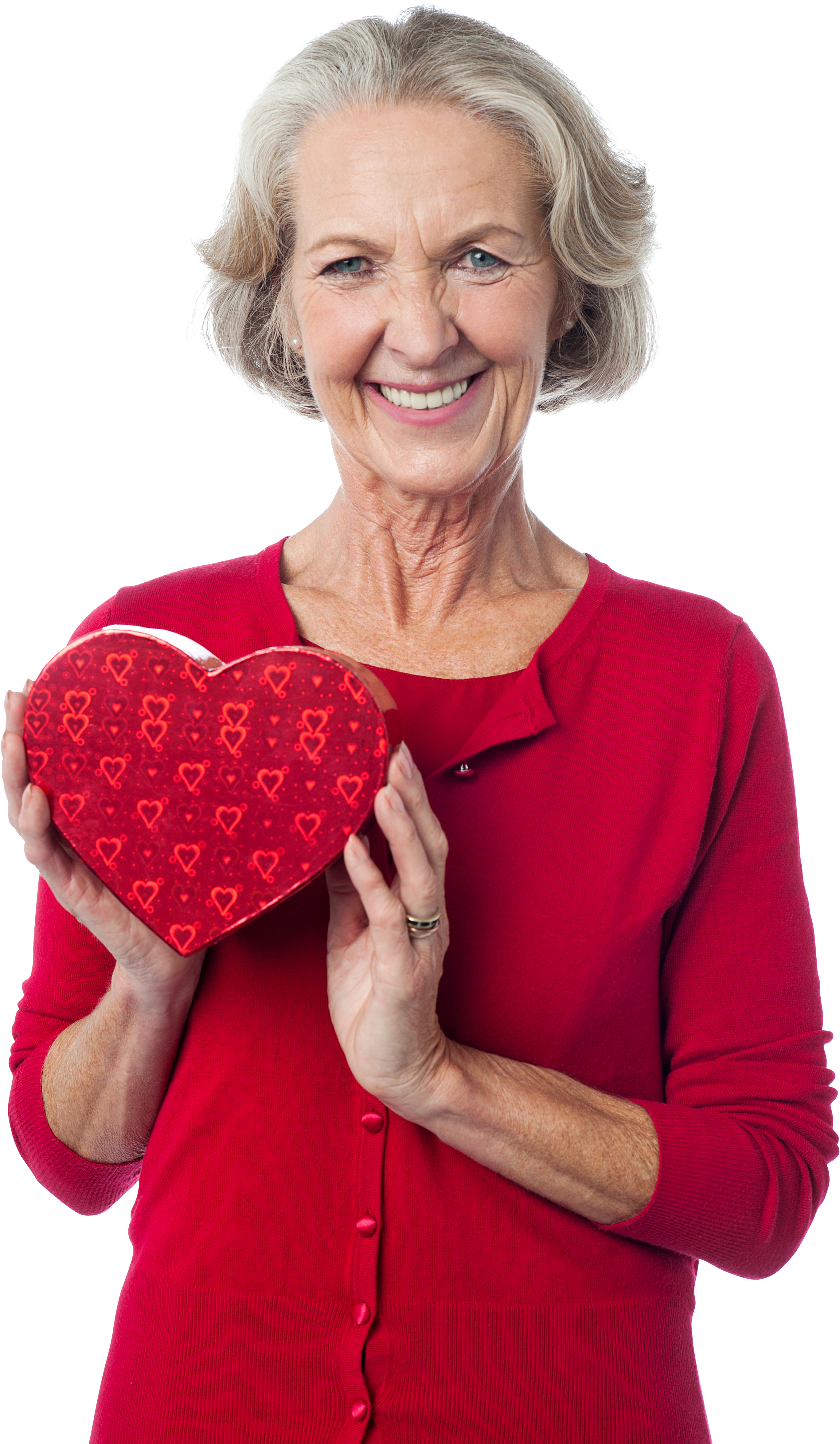 Old Lady 桌布 壁紙 — 一位灰髮老婦人微笑著，手持一個裝飾著小愛心的紅色心形盒子。