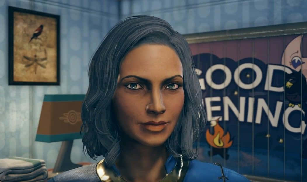 Fallout Characters 桌布 壁紙 — 一位灰髮藍眼的女人在溫暖照明的房間裡向前凝視，身後有一個「GOOD EVENING」的標誌。