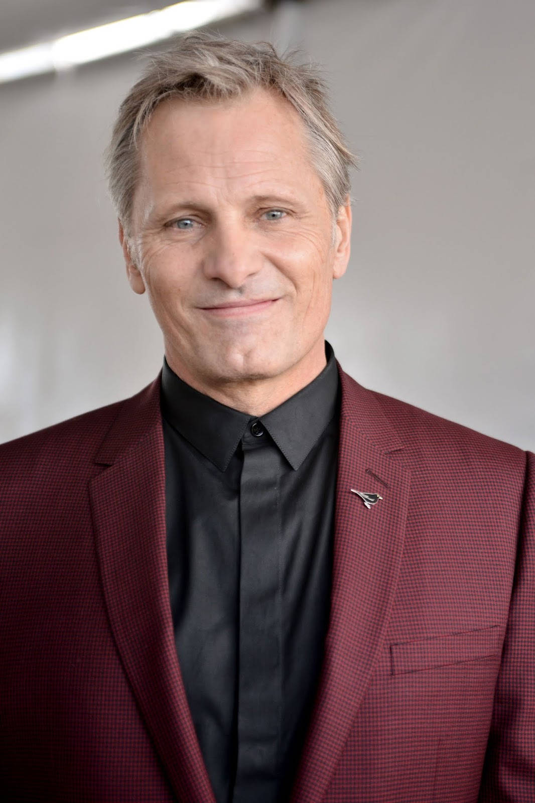 actor 桌布 壁紙 — 一位灰髮藍眼的男士穿著栗色格紋西裝和黑色襯衫，露出溫暖的笑容。