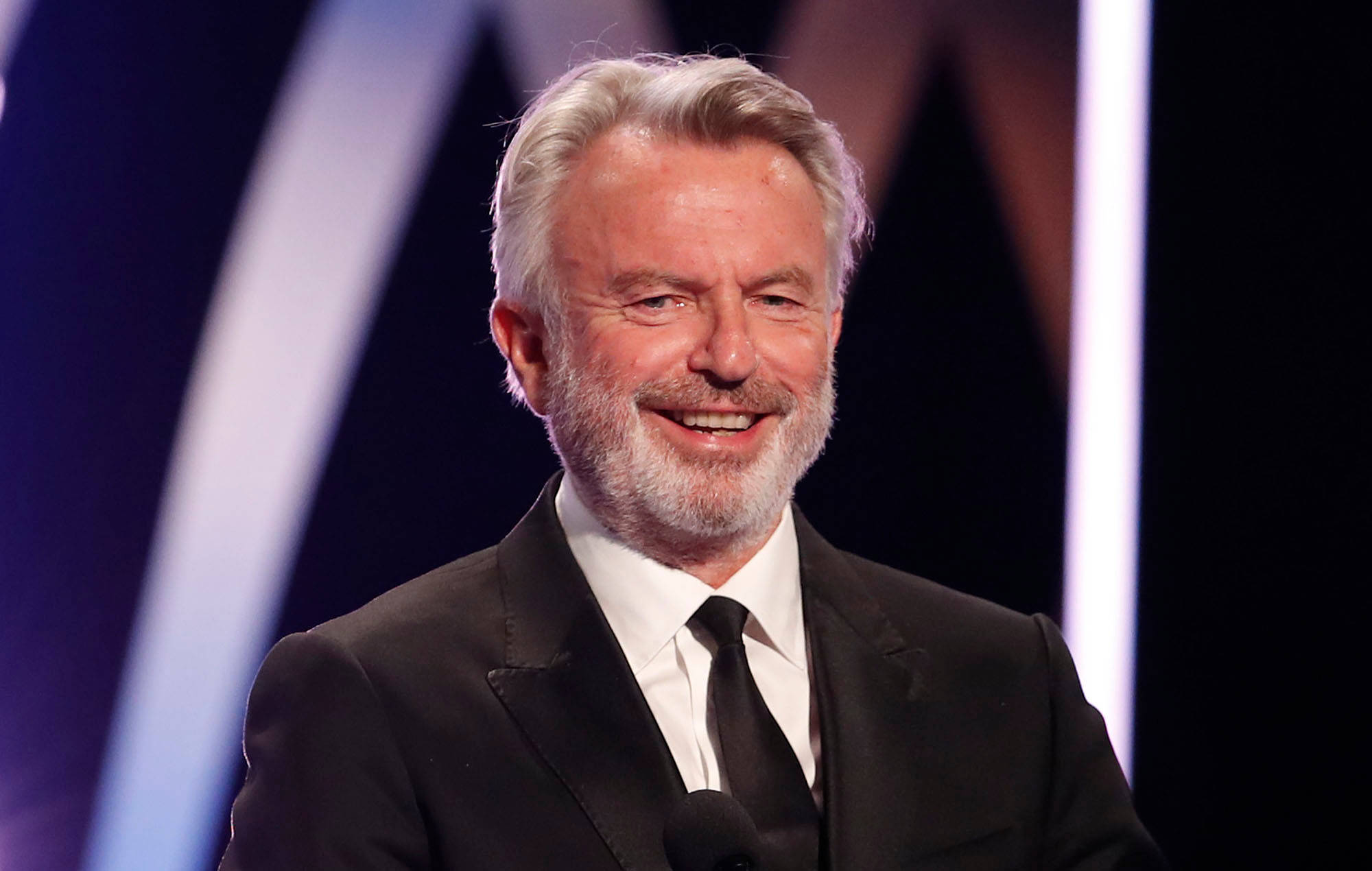 Celebrity 桌布 壁紙 — 一位灰髮鬍鬚、身穿黑色西裝的微笑男士站在舞台上，背後有戲劇性的燈光。