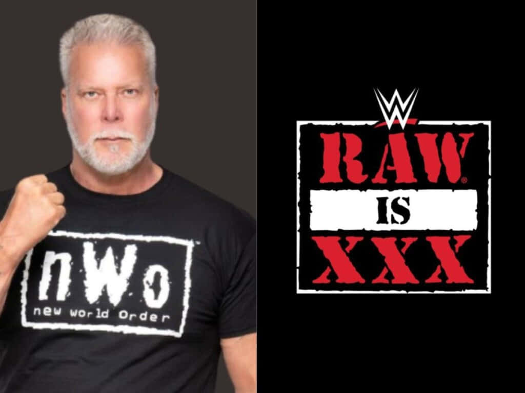 Fight 桌布 壁紙 — 一位灰髮鬍鬚男士穿著印有 'nWo new world Order' 標誌的黑色 T 恤，在 'RAW IS XXX' WWE 標誌旁擺姿勢。
