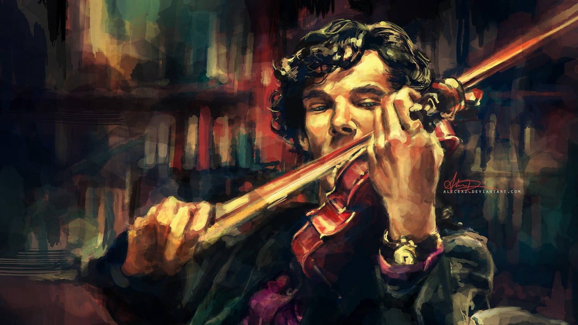 Sherlock 桌布 壁紙 — 一位熱情的小提琴手，捲髮，在昏暗的房間裡激烈演奏，身後是模糊的書架。