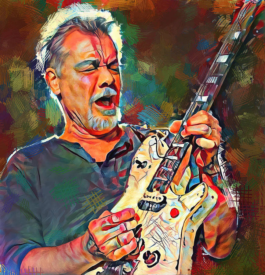 Rock 桌布 壁紙 — 一位熱情的音樂家留著白鬍子，在充滿活力的抽象筆觸下，以強烈的表情彈奏白色電吉他。