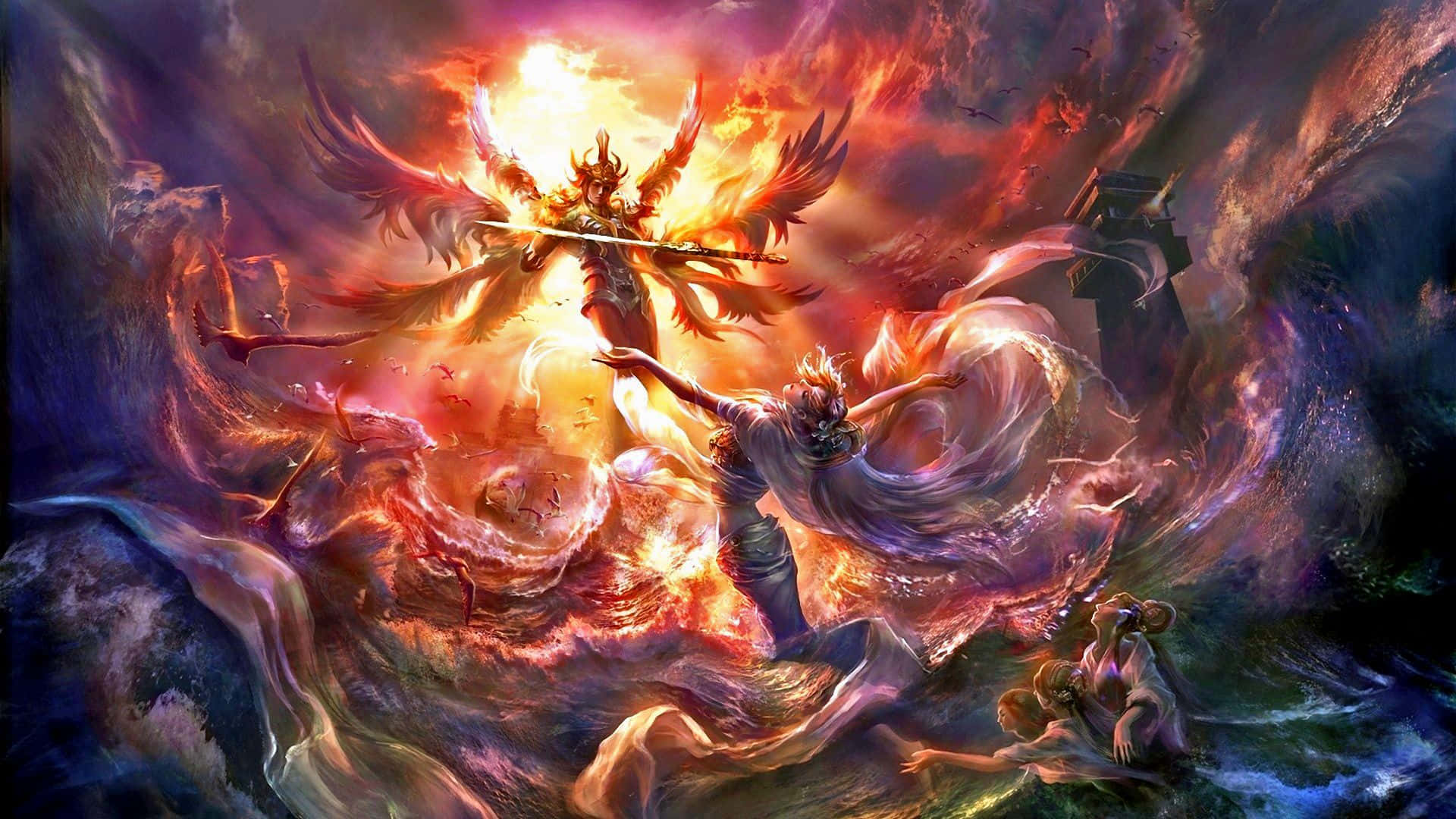 Celestials 桌布 壁紙 — 一位熾熱的天使戰士，擁有翅膀和劍，在波濤洶湧的大海上與旋轉的宇宙漩渦碰撞。