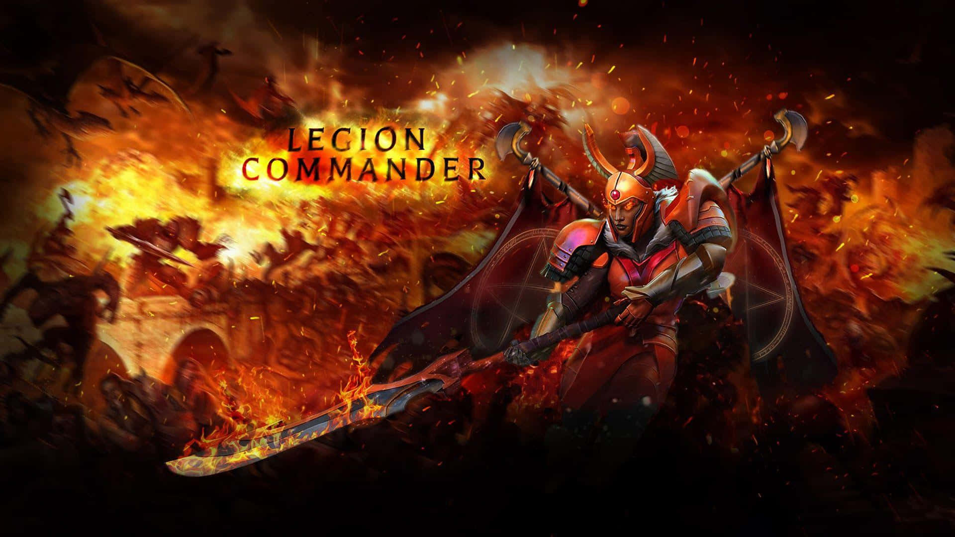 Legion Commander 桌布 壁紙 — 一位熾熱的戰士，身穿發光的紅色盔甲，手持火焰劍，在地獄般的烈火中帶領對抗黑暗生物的戰鬥。