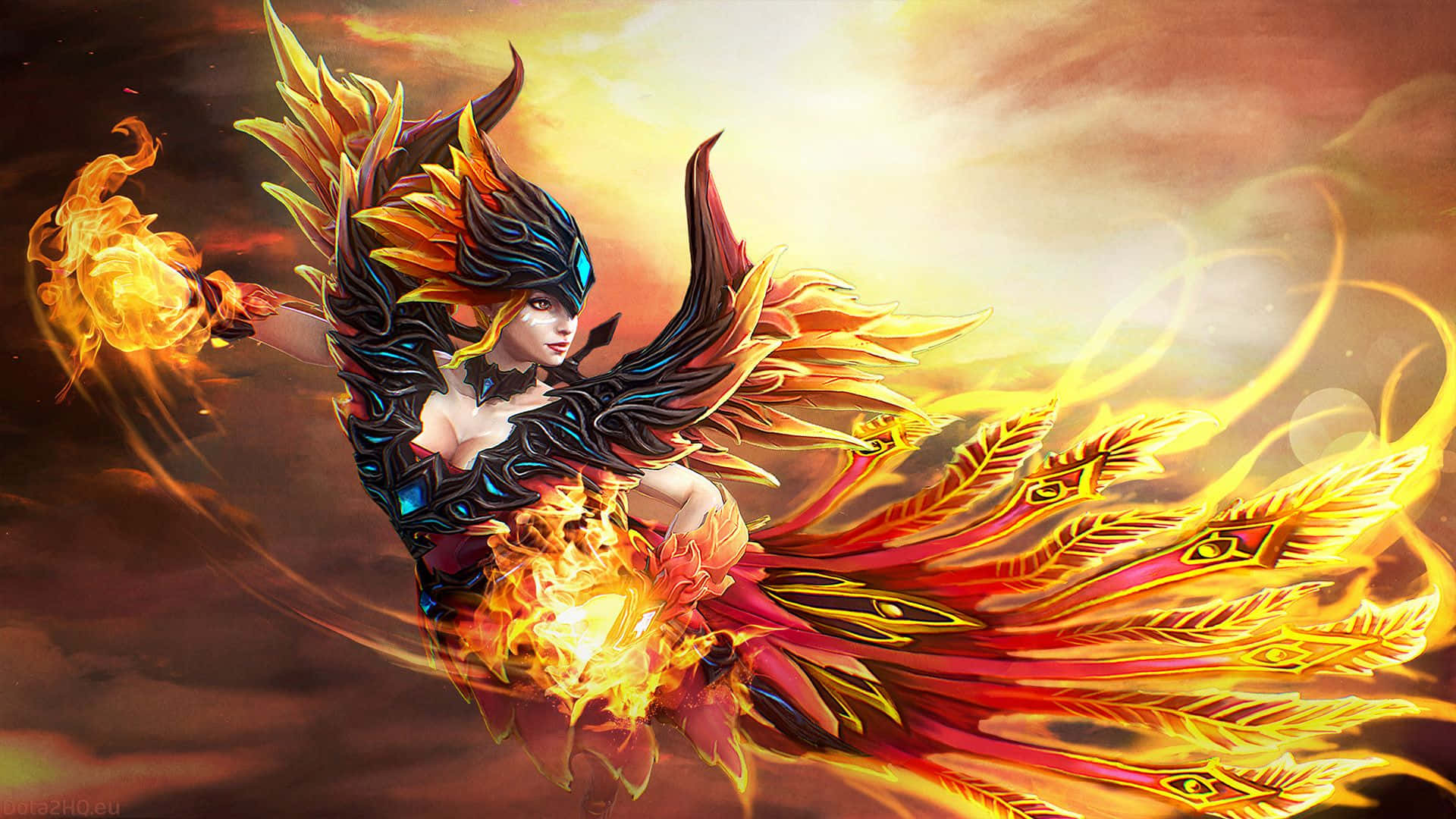 HD Dota 2 桌布 壁紙 — 一位熾熱的鳳凰戰士，擁有發光的翅膀和火焰裝飾的盔甲，在燦爛的日落天空中翱翔。