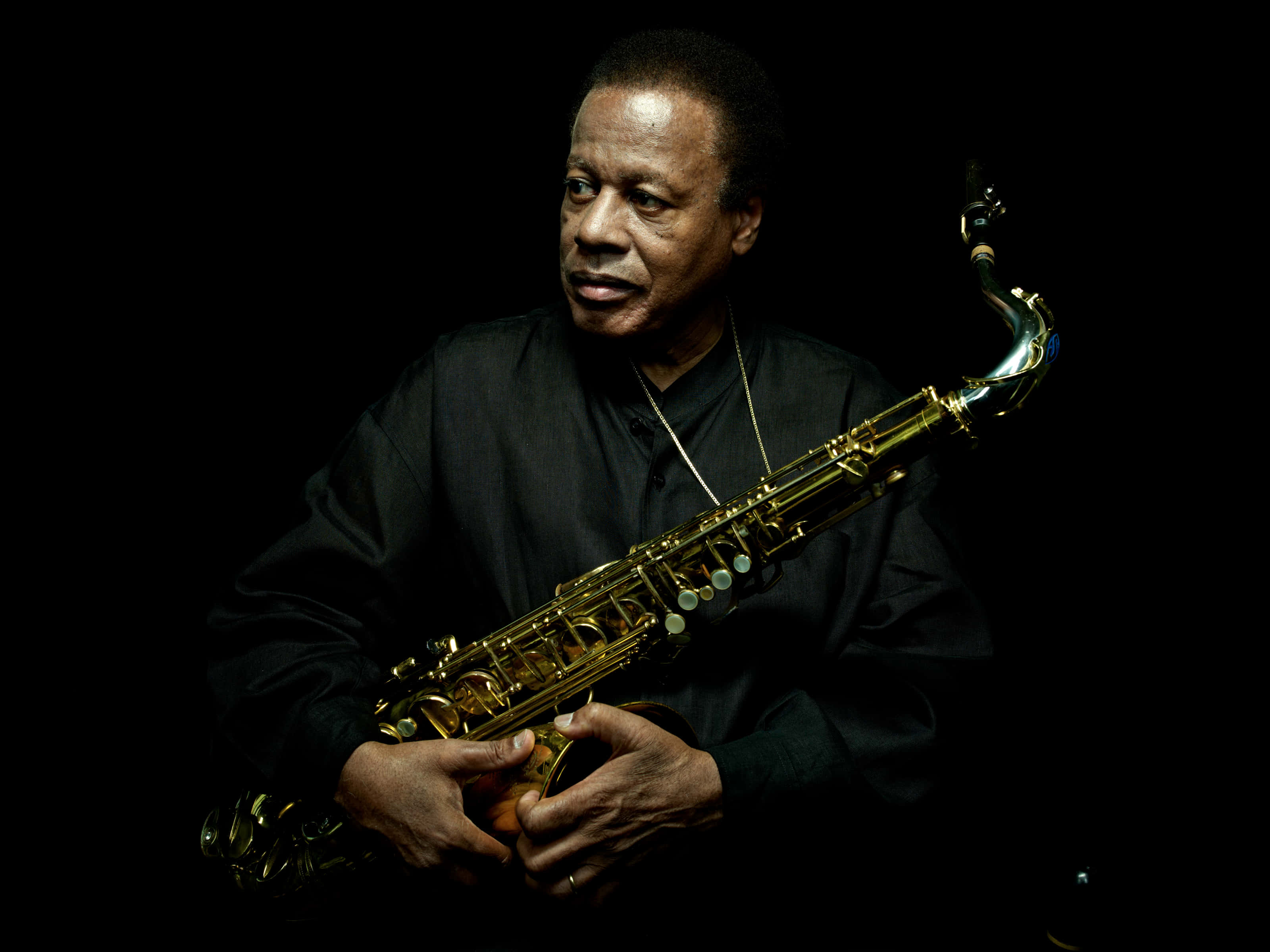 Wayne Shorter 桌布 壁紙 — 一位爵士樂手在純黑背景下手持金色薩克斯風，臉上充滿專注的神情。