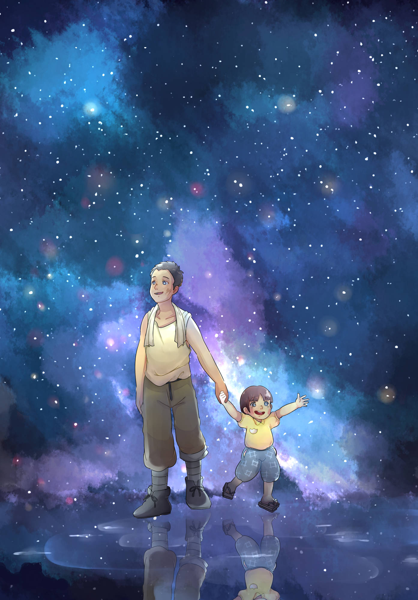 Grave Of The Fireflies 桌布 壁紙 — 一位父親和一個孩子在充滿星星和星雲的充滿活力的宇宙天空下牽手，他們的倒影在下方閃爍。