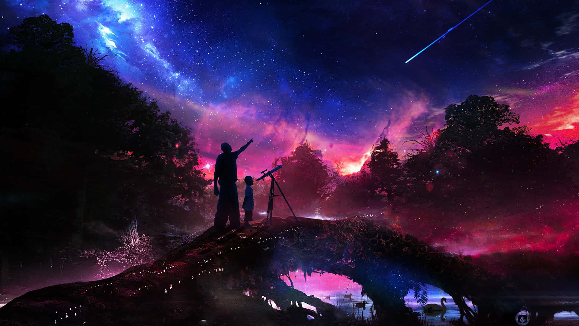 夜晚在森林橋上，父親和孩子透過望遠鏡看流星。 — 星星動圖 壁紙