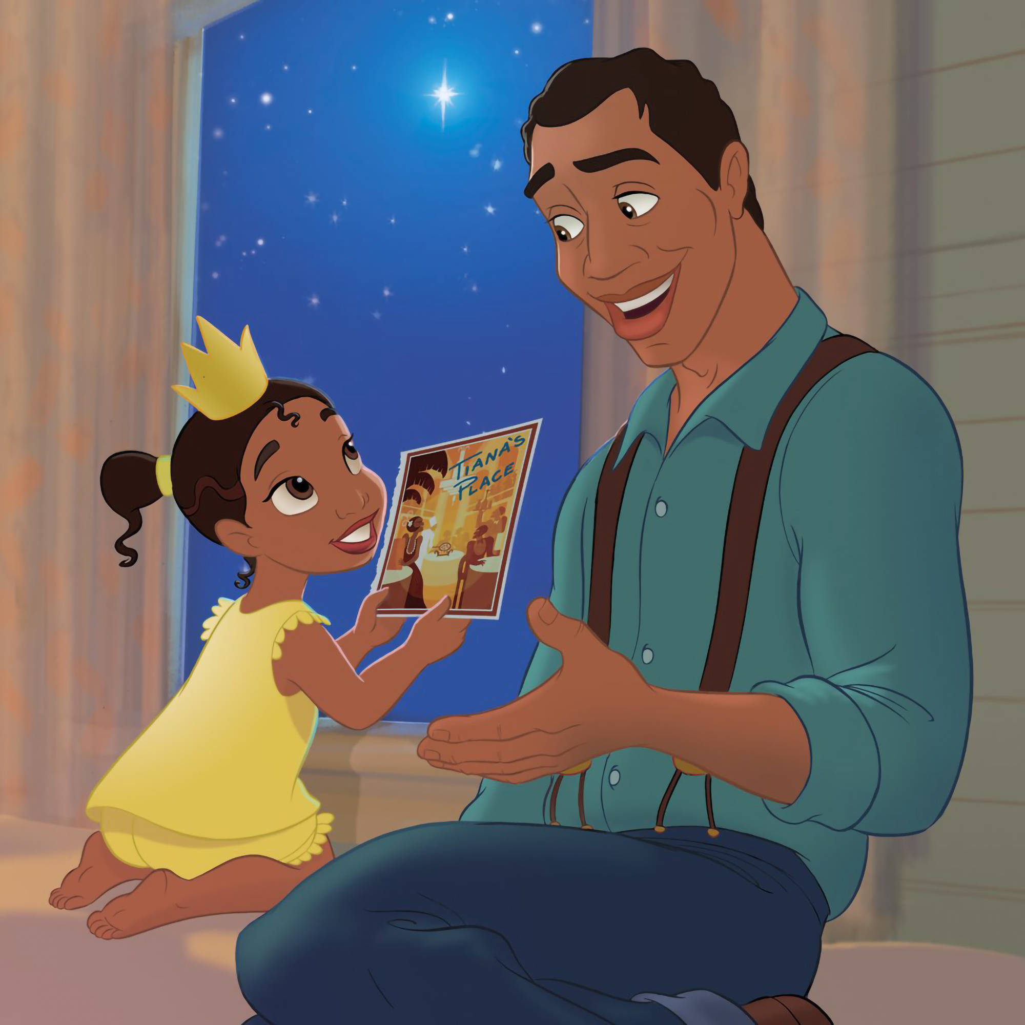 Princess 桌布 壁紙 — 一位父親和女兒在星空下分享閱讀名為 Tiana's Trace 的書的歡樂時刻。