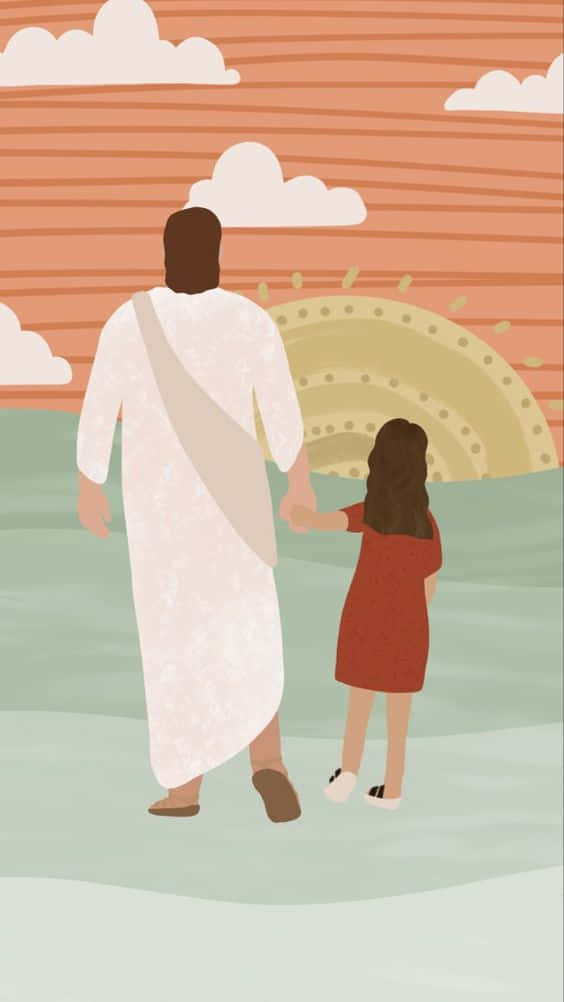Aesthetic Jesus 桌布 壁紙 — 一位父親和女兒手牽手走向溫暖的日落，天空中有風格化的雲朵和燦爛的太陽。