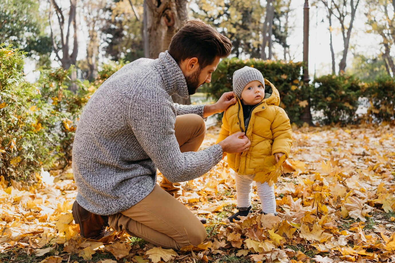 Fall Family 桌布 壁紙 — 一位父親跪在鋪滿金色秋葉的公園裡，調整他幼兒的黃色羽絨外套。
