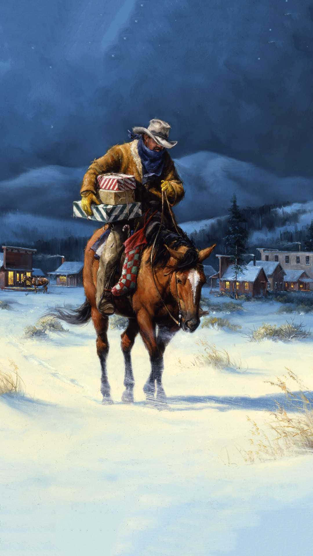 Cowboy Christmas 桌布 壁紙 — 一位牛仔騎著馬穿過雪夜，在星空下將包裝好的禮物送到寧靜的村莊。