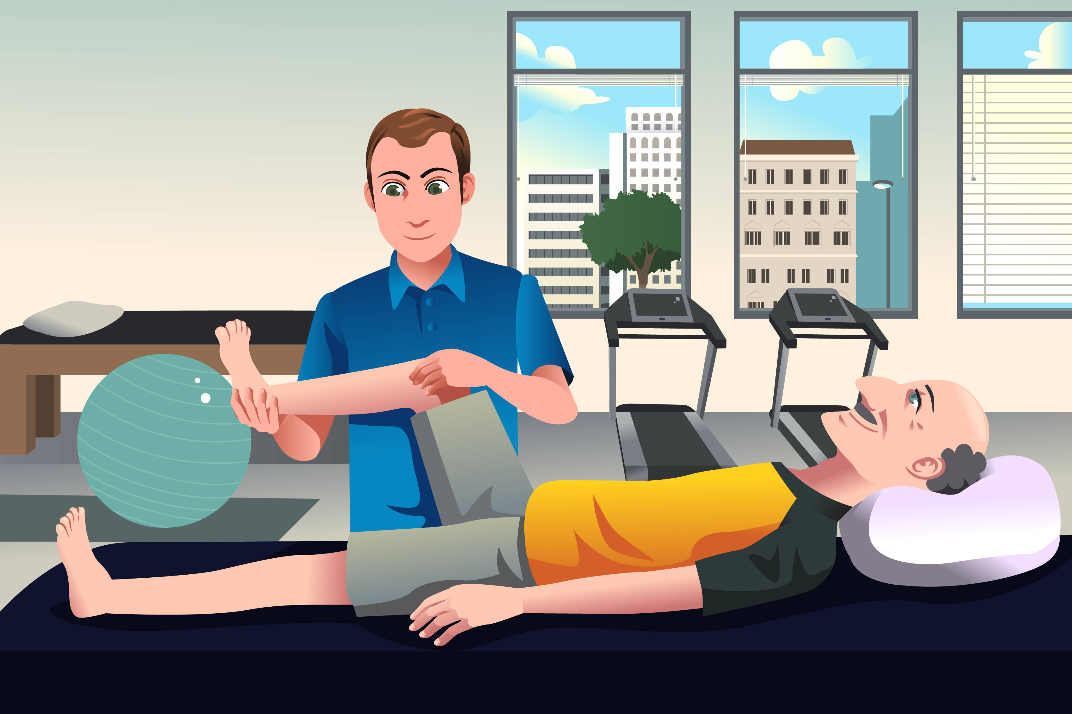 Massage 桌布 壁紙 — 一位物理治療師在明亮的城市診所中，協助一位年長患者進行手臂運動，診所有跑步機和城市景觀。