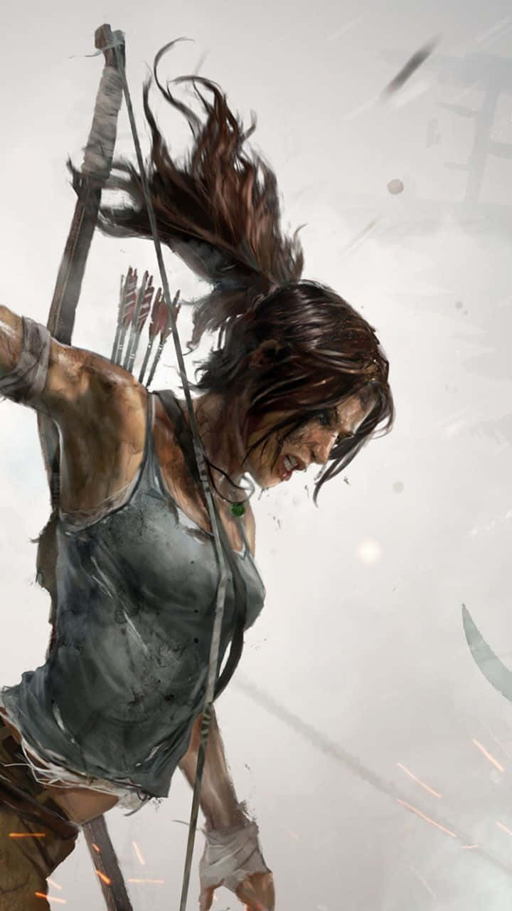 iPhone Xs Rise Of The Tomb Raider 桌布 壁紙 — 一位狂野棕髮的女戰士手持弓箭，以動態的動作姿勢向前衝刺。