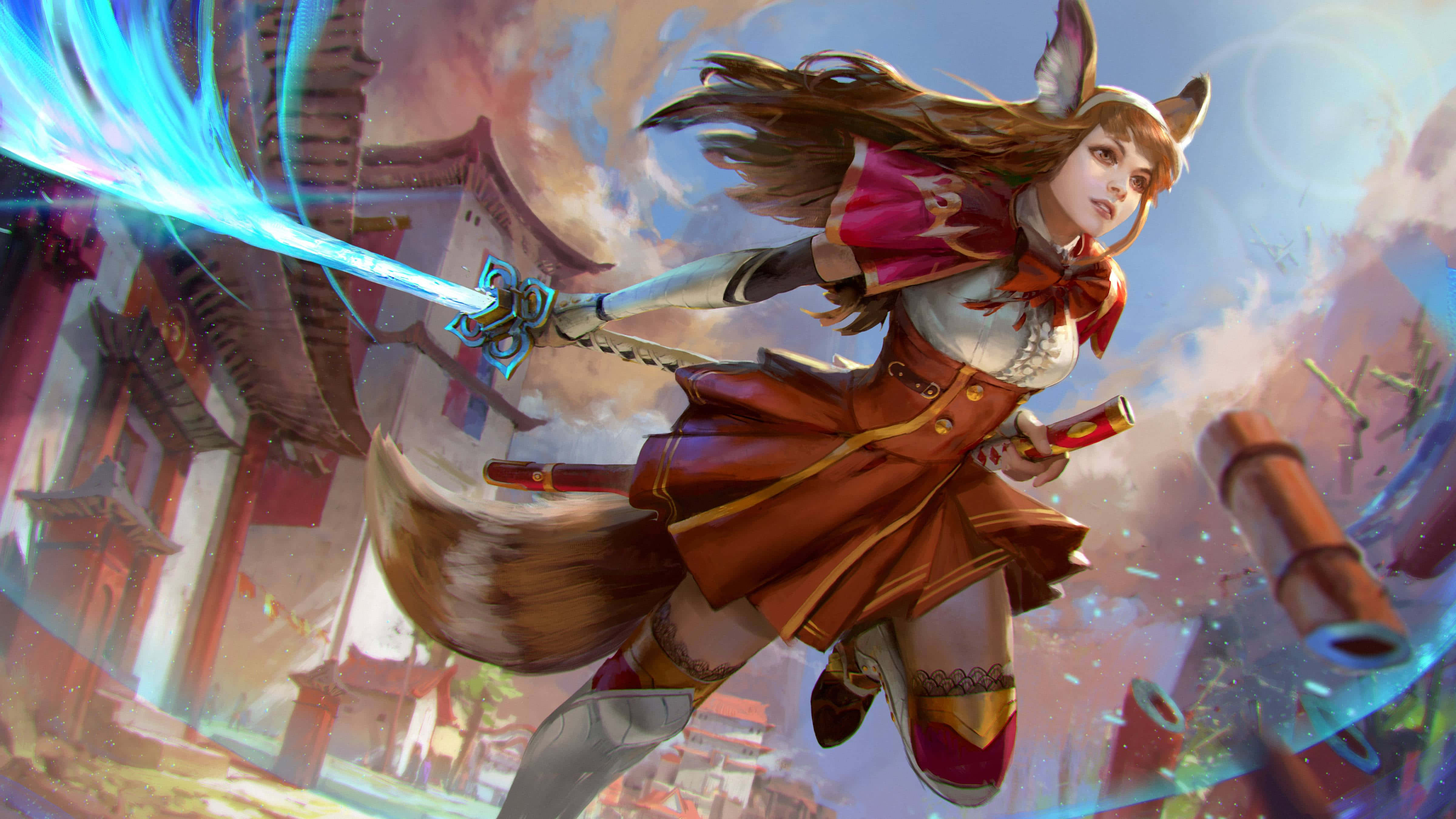 Vainglory 桌布 壁紙 — 一位狐耳戰士身穿紅色服裝，用發光的藍色劍劈開傳統日本小鎮。