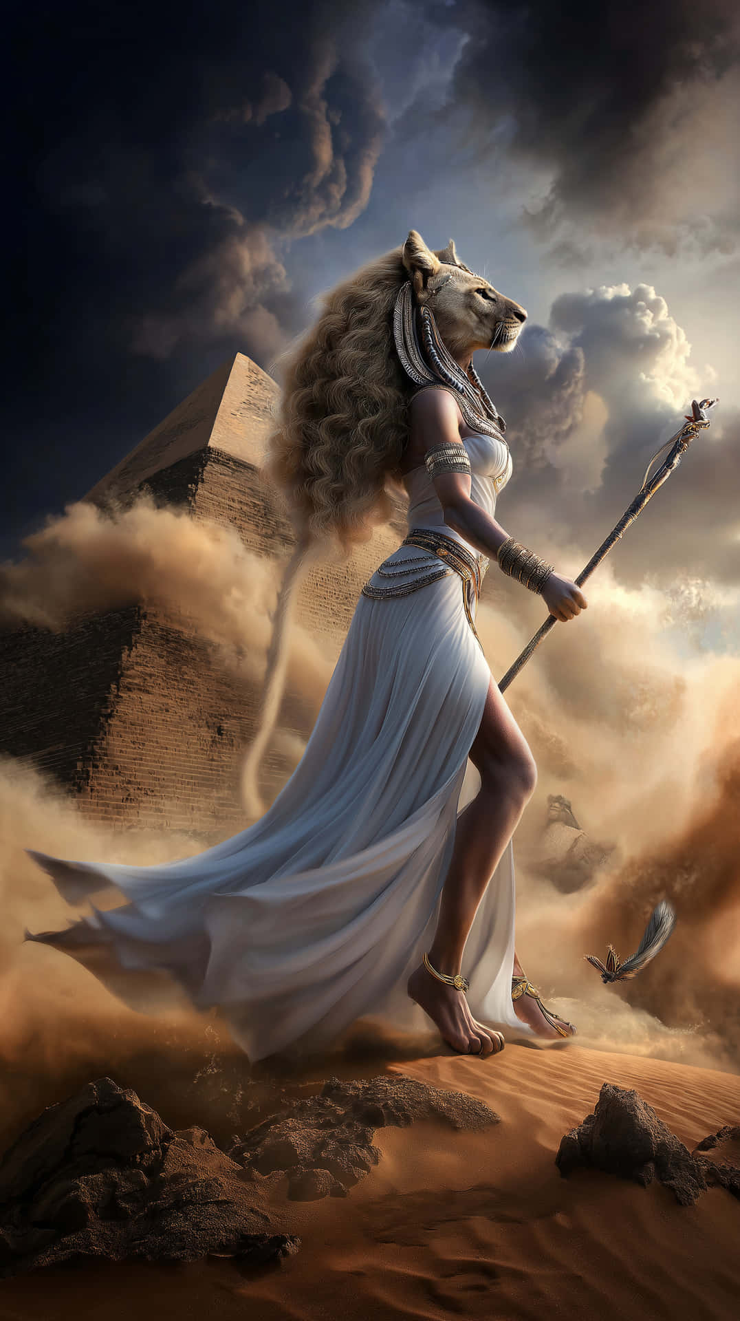 Sekhmet in Desert with Pyramid and Soaring Bird 壁紙 — 一位獅頭女神身穿飄逸白袍，在風暴天空下沿著金字塔旁的沙漠沙地行走。