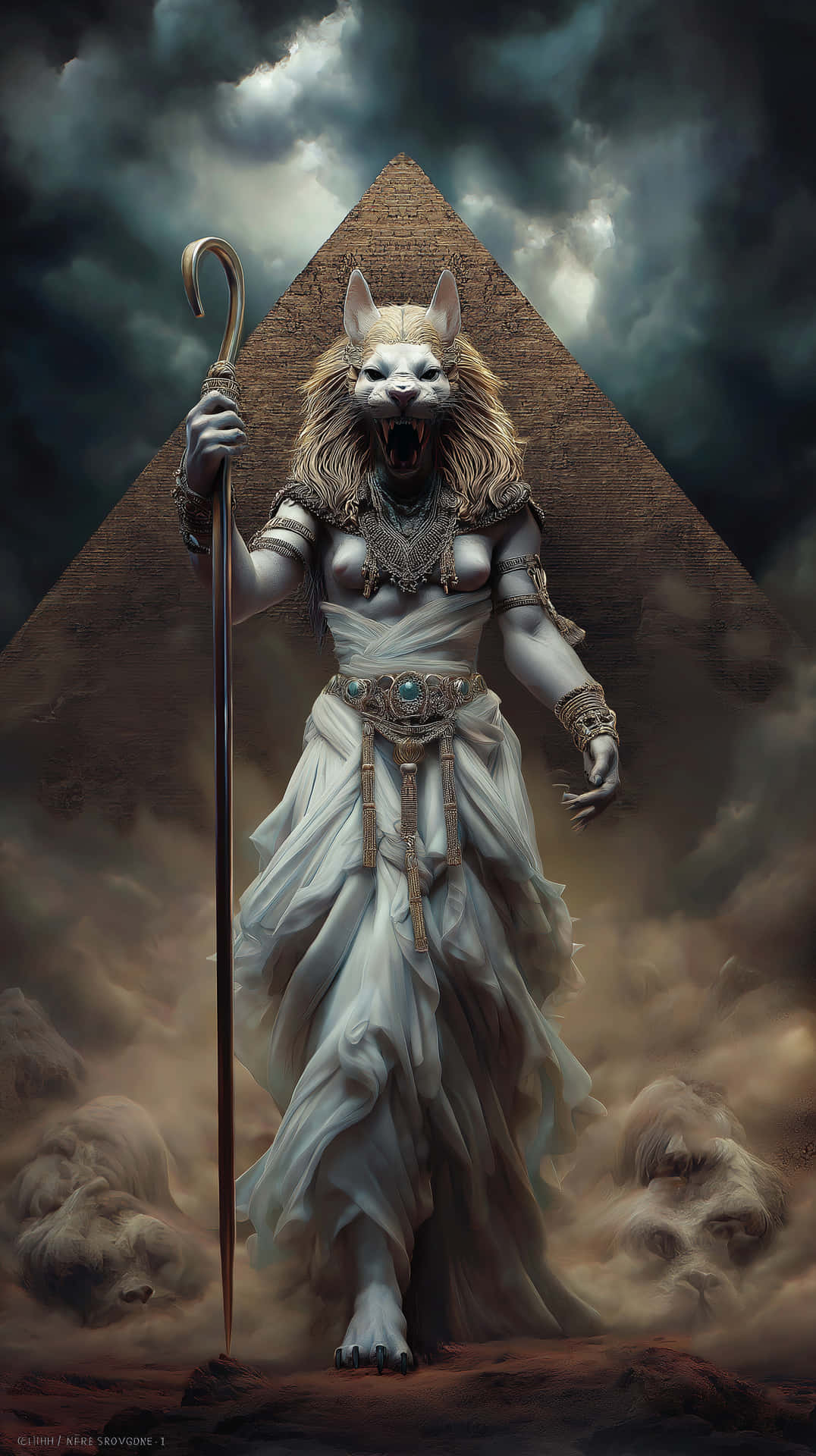 Imposing Sekhmet Figure with Staff before Pyramid 壁紙 — 一位獅頭女神身穿飄逸白袍，手持權杖，站在金字塔前，周圍是暴風雲和頭骨。