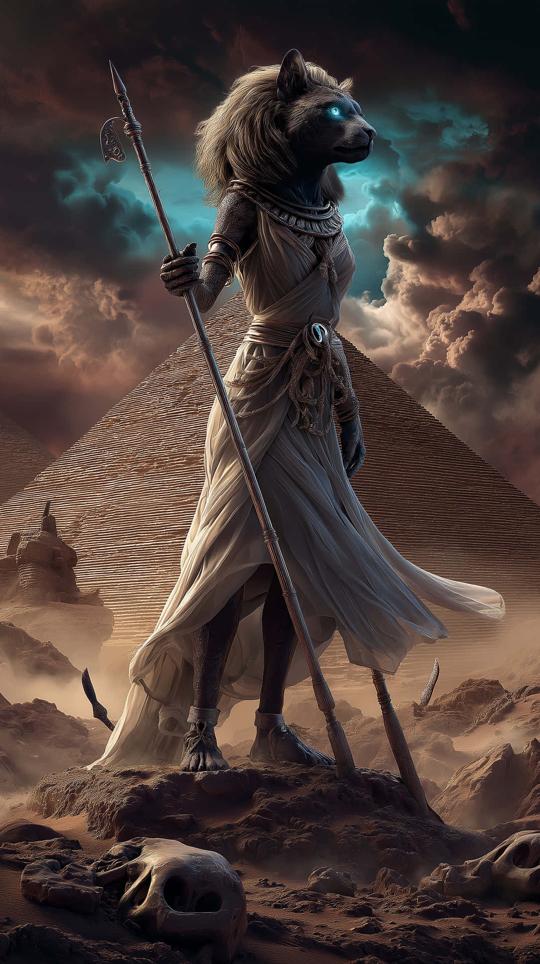 Powerful Sekhmet God with Staff and Egyptian Pyramid 壁紙 — 一位獅頭神祇身穿飄逸白袍，站在岩石沙漠的露頭上，手持長矛，背景是暴風雨的天空和遠處的金字塔。