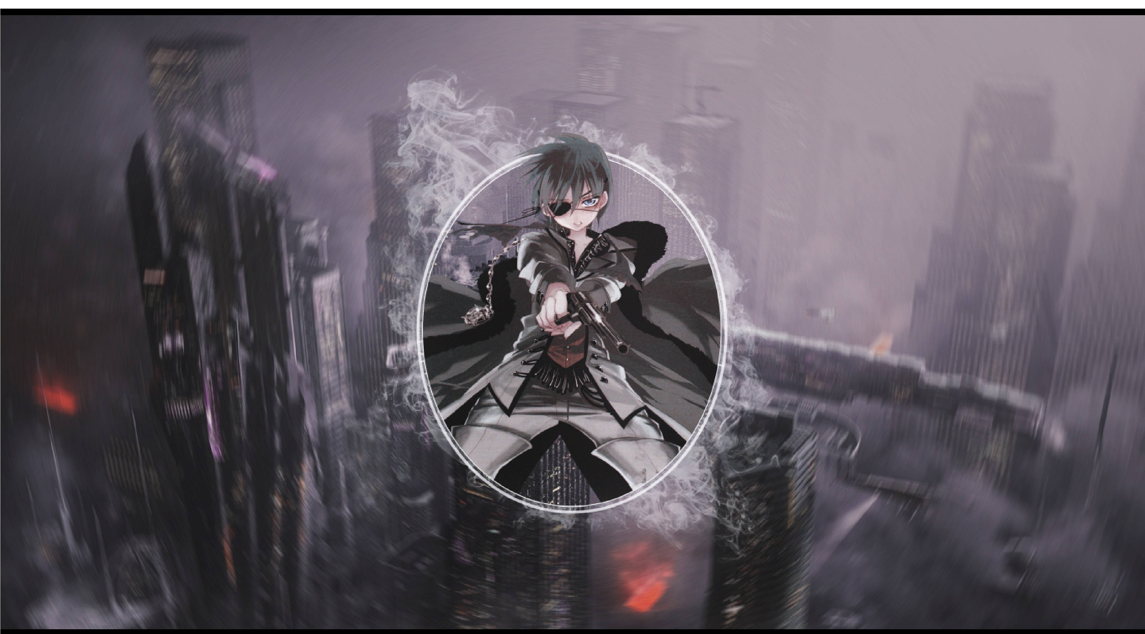 Black Butler 桌布 壁紙 — 一位獨眼龍動漫戰士站在圓形框架中，背景是煙霧瀰漫的廢墟城市。
