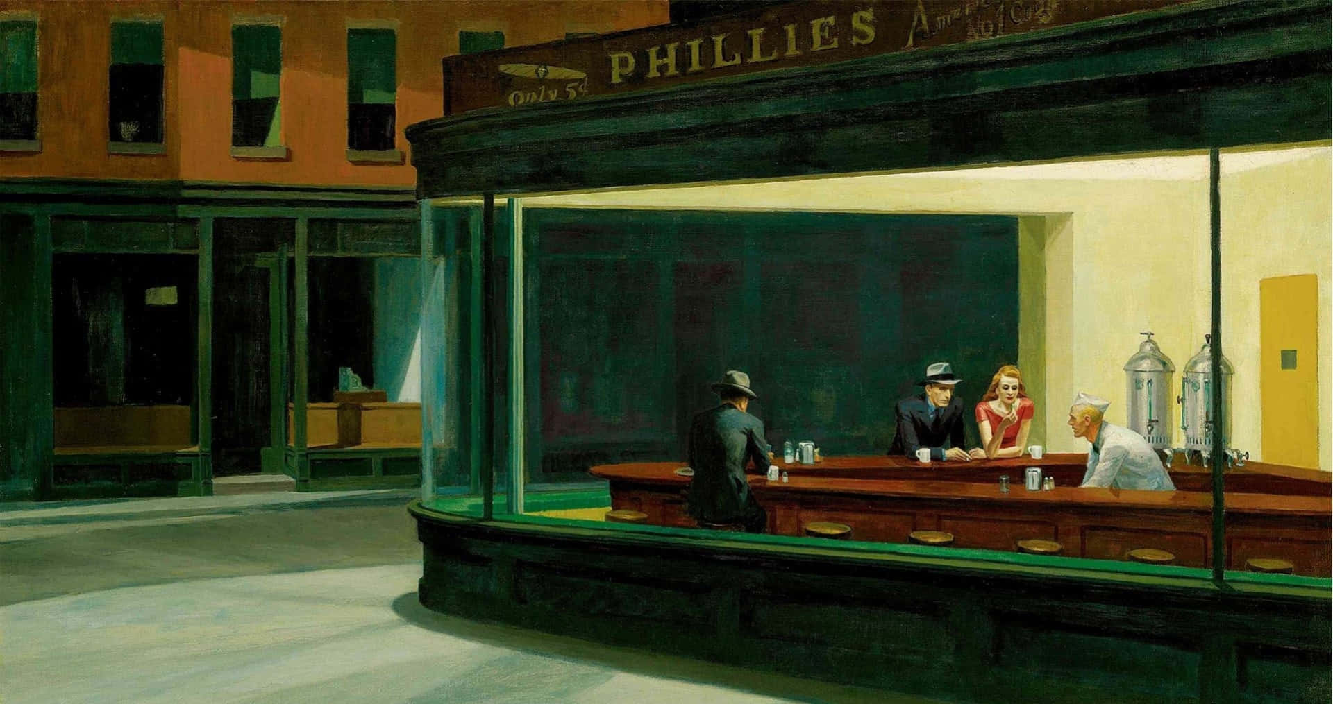 Classic Art 桌布 壁紙 — 一位獨自用餐的顧客在燈光昏暗的夜間酒吧，與一名女子和兩名男子一起，從外面透過玻璃觀看。