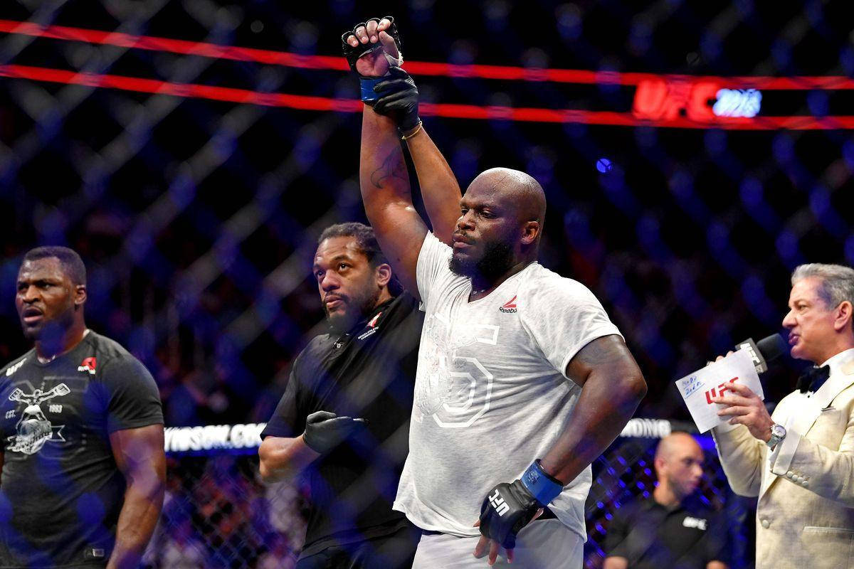Victory 桌布 壁紙 — 一位獲勝的UFC拳手在八角籠內舉起戴著手套的拳頭慶祝勝利，官員和評論員圍繞著他。