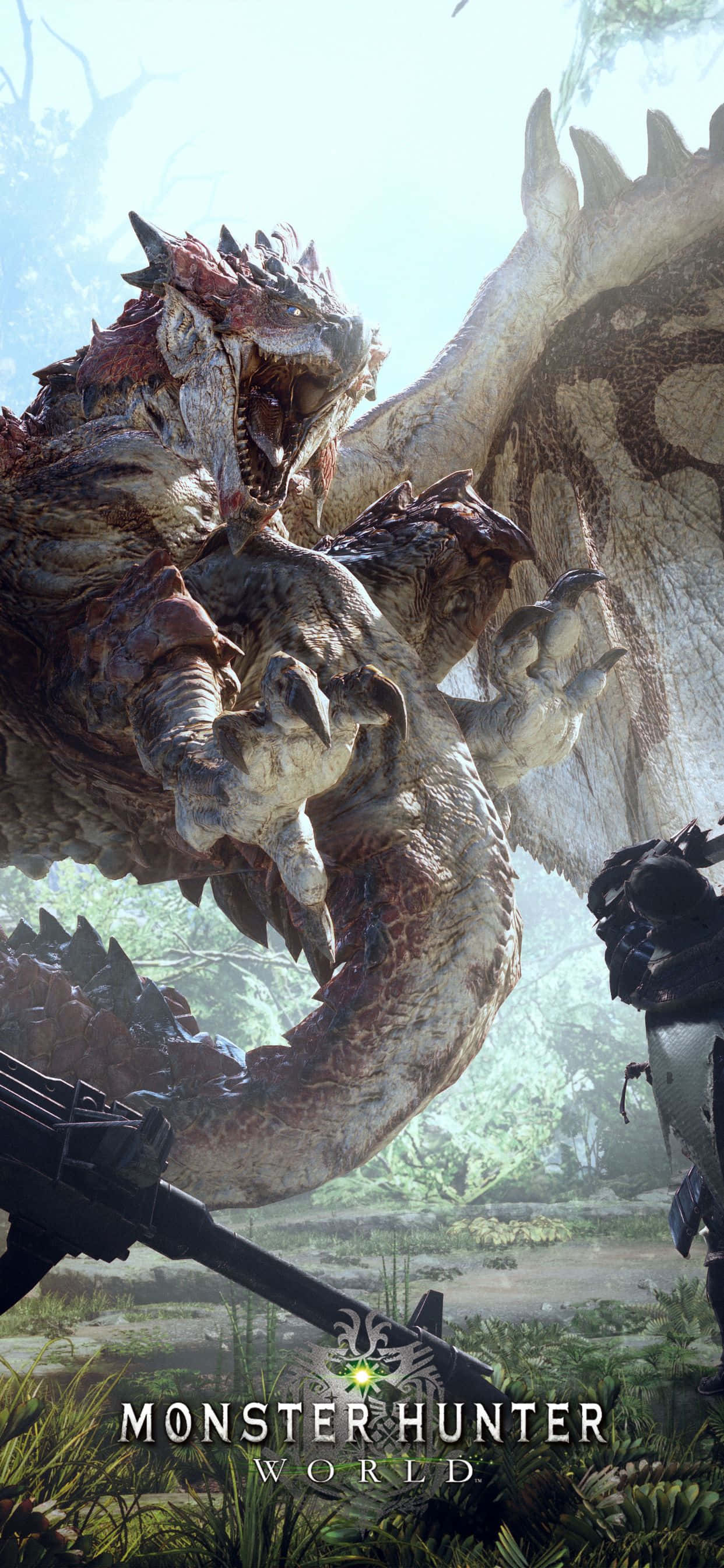 iPhone Xs Max Monster Hunter World 桌布 壁紙 — 一位獵人在茂密的森林空地中面對一隻展開翅膀的巨大尖刺龍。