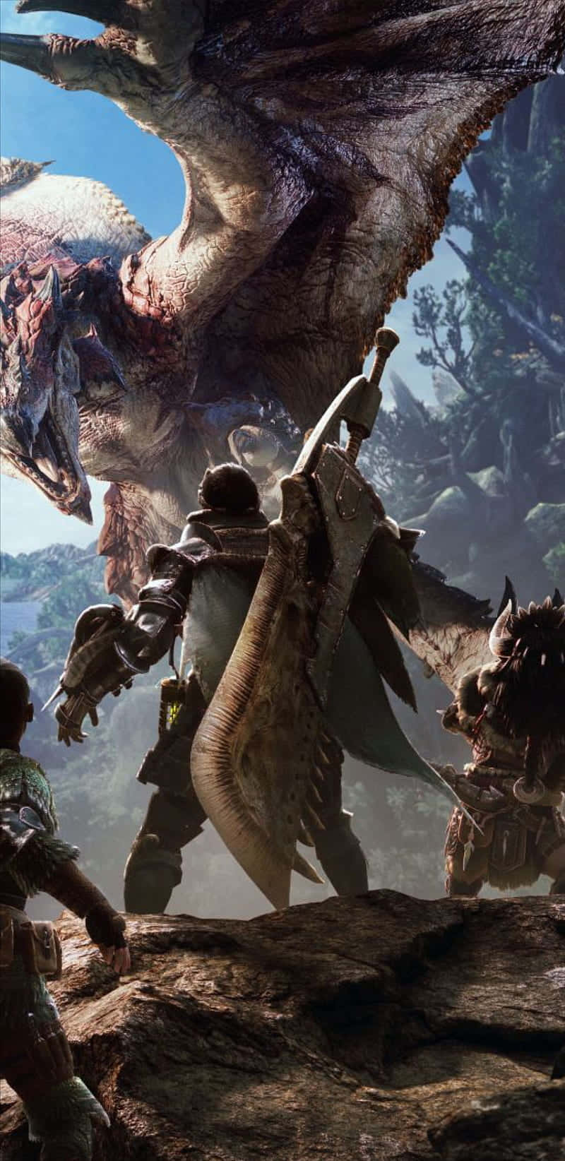 720p Monster Hunter World 桌布 壁紙 — 一位獵人手持巨劍，挑釁地站在岩石懸崖上，面對著陽光照耀的山區荒野中一隻巨大的有翼怪物。