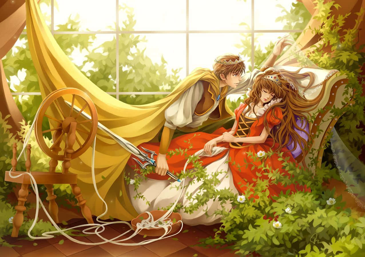 sleeping beauty 桌布 壁紙 — 一位王子在陽光普照的花園凹室中，輕輕地將劍放在熟睡的公主旁邊，旁邊有一個紡車。
