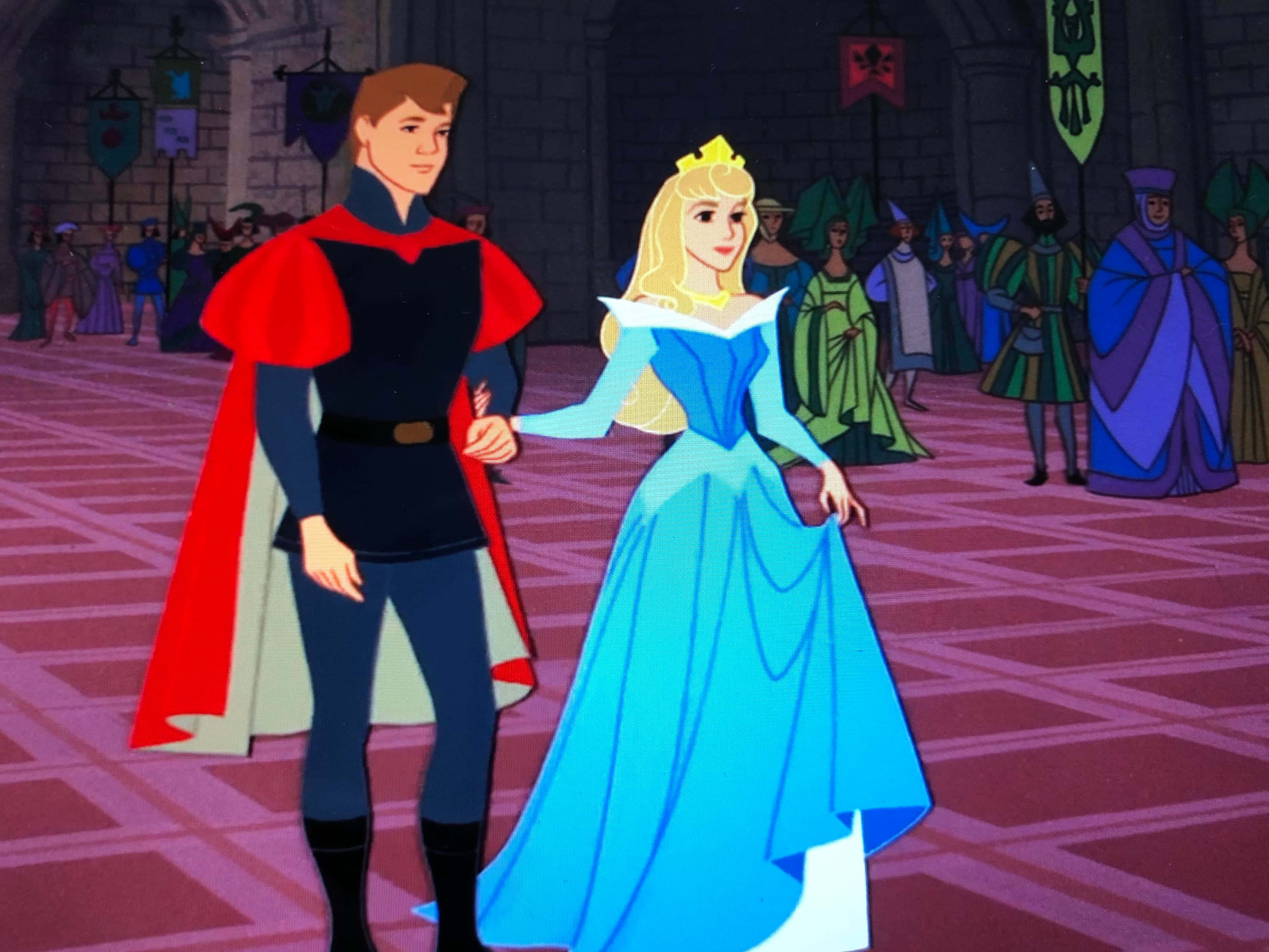 sleeping beauty 桌布 壁紙 — 一位王子與公主在宏偉的城堡大廳中牽手，背景有貴族在觀看。