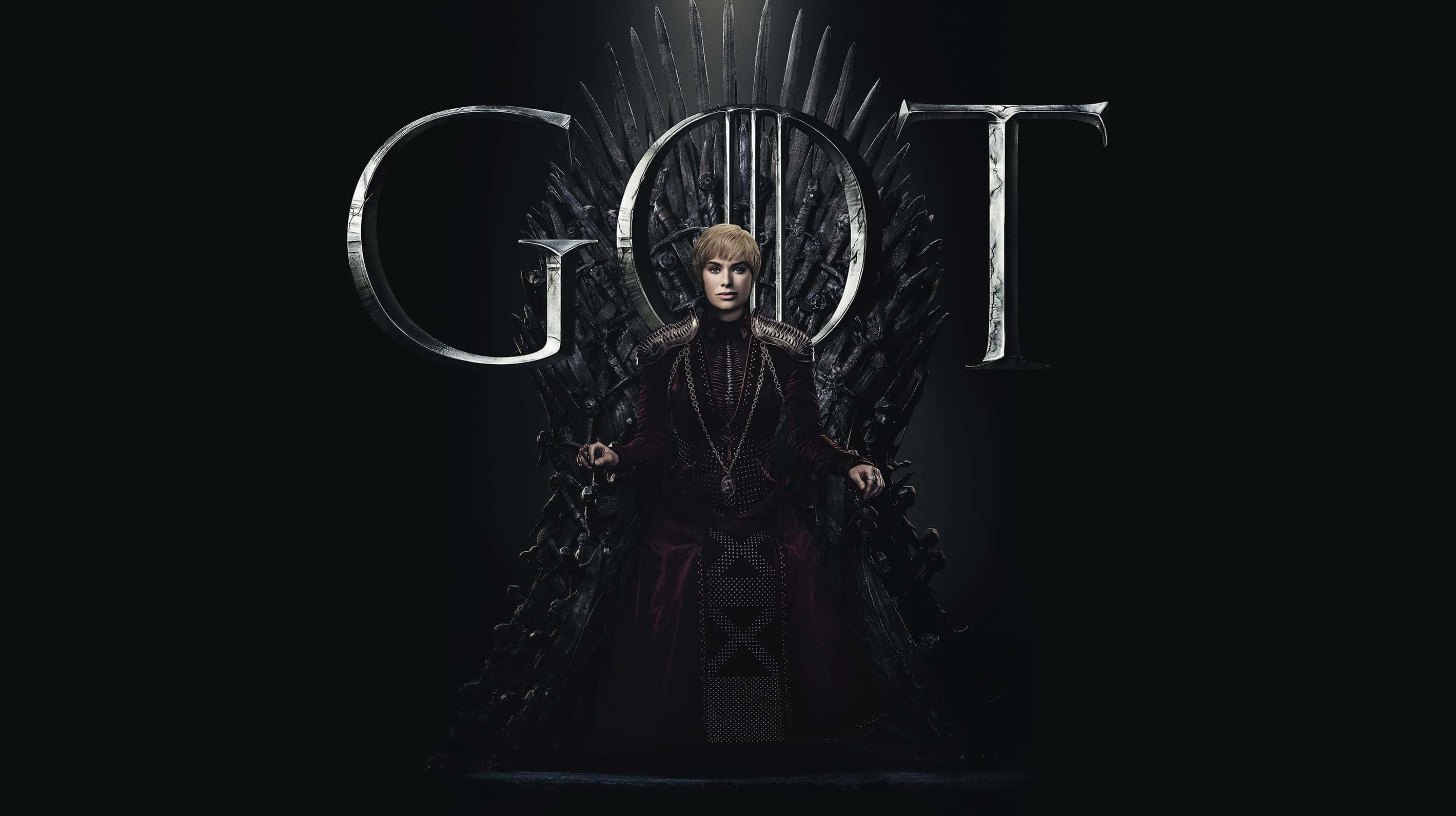 poster 桌布 壁紙 — 一位王者坐在鐵王座上，背後「GOT」字母在黑暗的電影場景中發光。