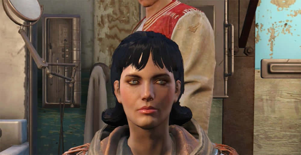 Fallout Characters 桌布 壁紙 — 一位留著深色鮑伯頭的女士坐在一間破舊的醫療室裡，裡面有生鏽的管道和一盞復古燈。
