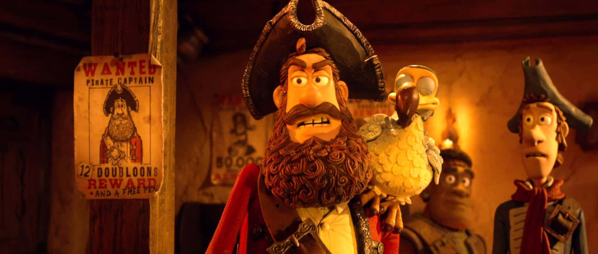 pirates 桌布 壁紙 — 一位留著濃密鬍鬚、肩上站著鸚鵡的海盜船長，站在光線昏暗的酒館裡，牆上貼著通緝海報。