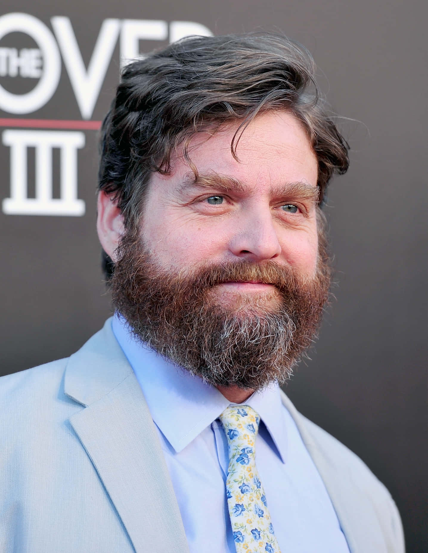 Zach Galifianakis 桌布 壁紙 — 一位留著濃密鬍鬚、藍眼睛的男人，穿著淺灰色西裝和花卉領帶，在電影首映會上微笑。