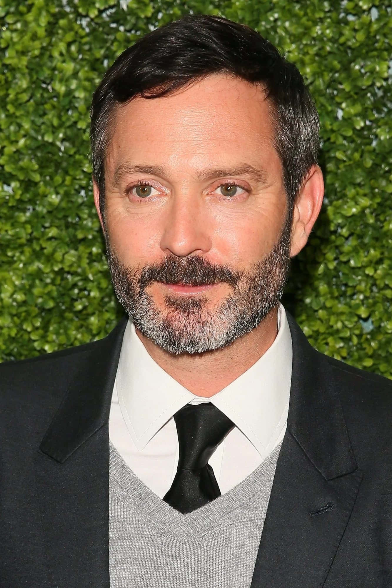 thomas lennon 桌布 壁紙 — 一位留著灰白鬍鬚和黑髮的男子，身穿黑色西裝、白襯衫和黑色領帶，背景是綠色樹籬。