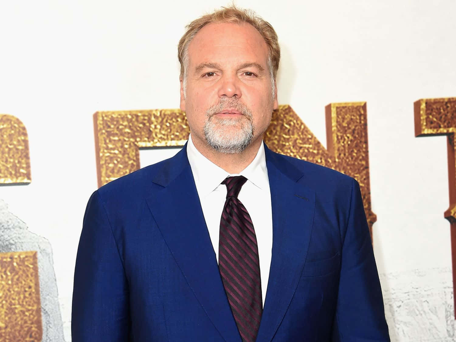 Vincent D'onofrio 桌布 壁紙 — 一位留著灰白鬍鬚的男子，在金色紋理背景前穿著俐落的藍色西裝和條紋領帶。