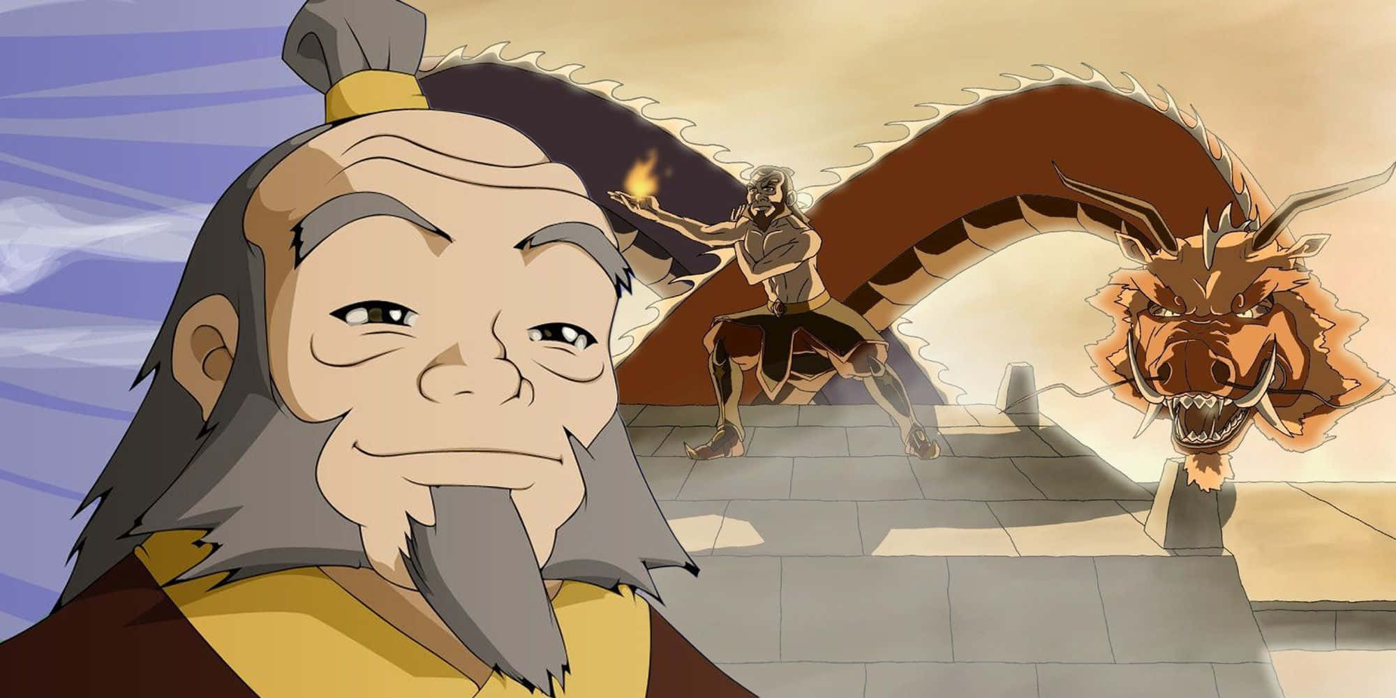 Uncle Iroh 桌布 壁紙 — 一位留著灰色長鬍鬚的老人微笑著，看著一名戰士在石台上與一條巨大的棕色龍搏鬥。