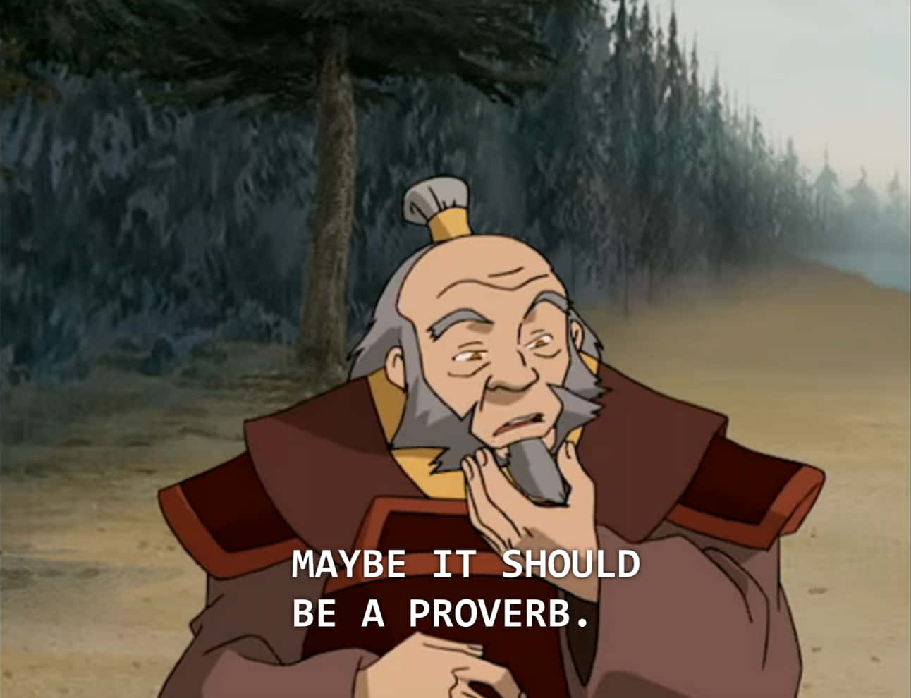 Uncle Iroh 桌布 壁紙 — 一位留著灰色鬍鬚、身穿傳統長袍的年長動畫男子，站在戶外的森林區域，手托下巴，露出沉思的表情。