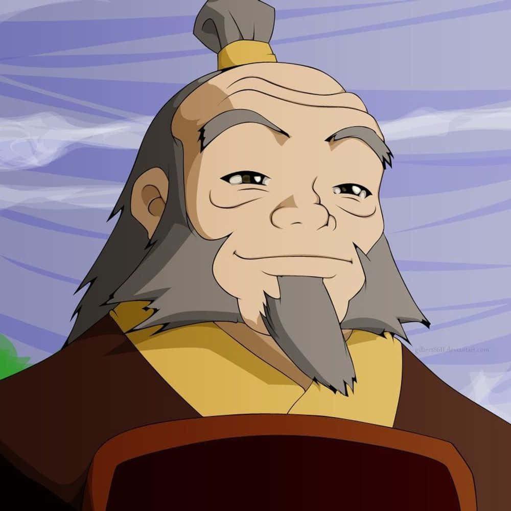 Uncle Iroh 桌布 壁紙 — 一位留著灰色鬍鬚和頂髻的老年動畫男子，在風格化的藍色背景前溫暖地微笑。