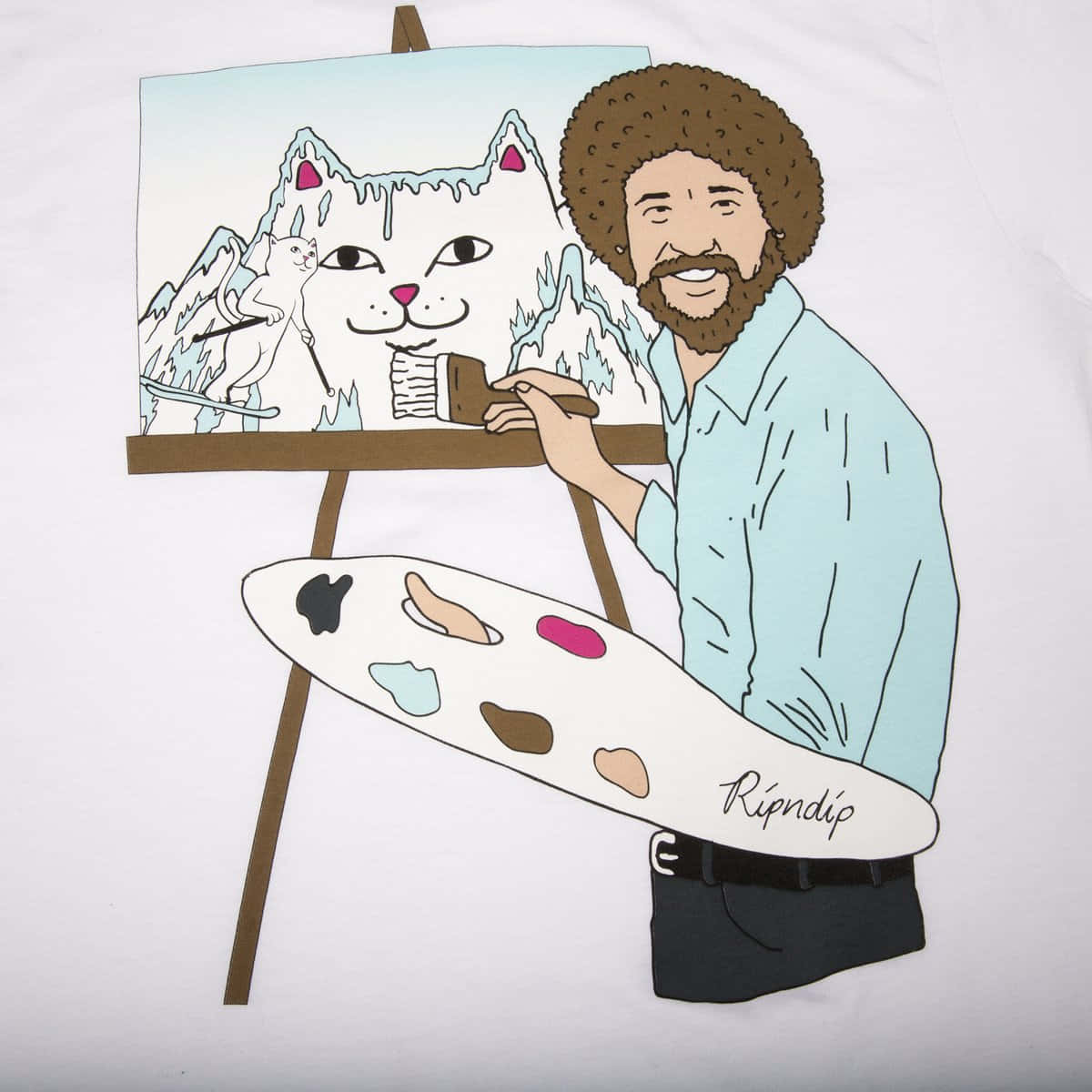 ripndip 桌布 壁紙 — 一位留著爆炸頭的卡通藝術家正在畫架上畫一隻古怪的貓，同時拿著一個寫有「Ripndip」的調色板。