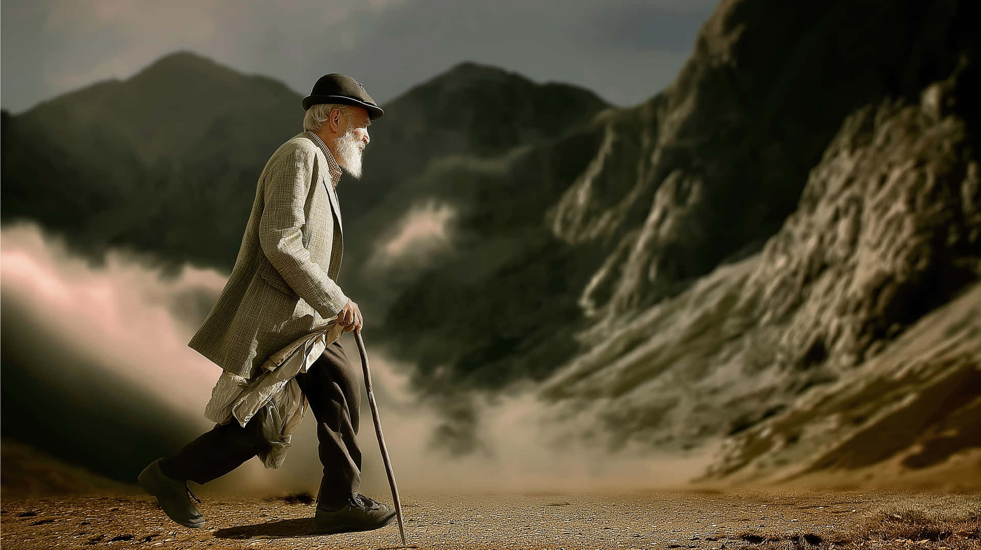 Wise Wanderer Amidst Majestic Mountainous Landscapes 壁紙 — 一位留著白鬍子、戴著圓頂禮帽的老人，拄著手杖穩步走在崎嶇的山路上，霧氣在陰沉天空下的鋸齒狀山峰周圍盤旋。